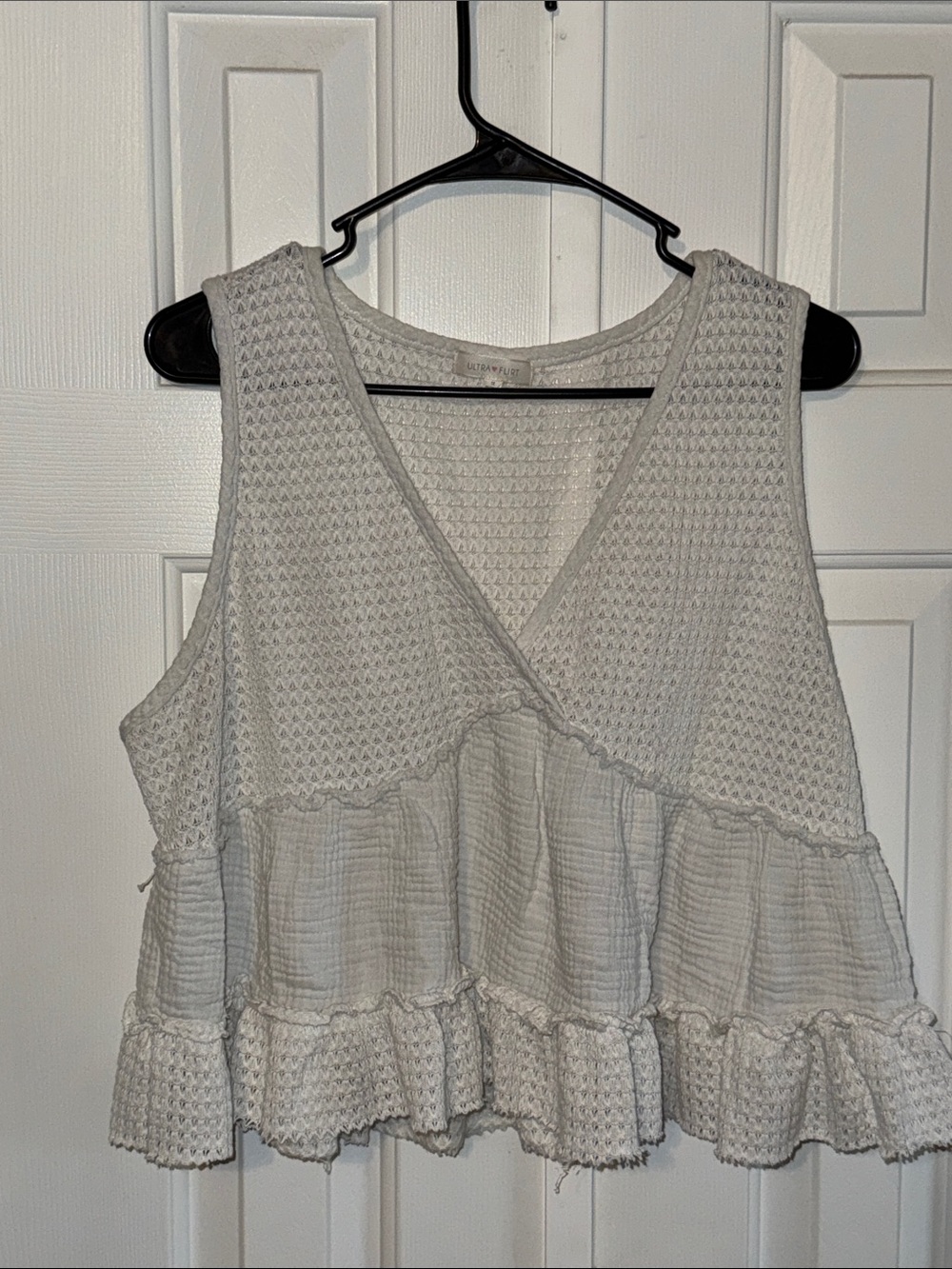 Ultra Flirt White Textured Ruffle Tank
